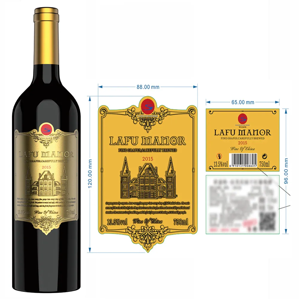 Selbst klebende Weinflasche Verpackungs etiketten Aufkleber benutzer definierte private Logo Goldfolie geprägt Weine tikett für Glasflasche Etikette