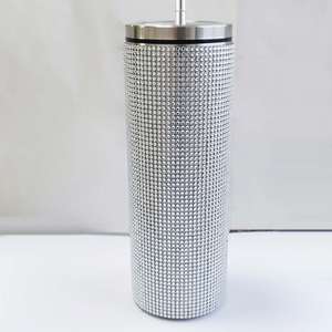 Gobelet isotherme droit en acier inoxydable avec logo personnalisé, strass et diamants, pour bouteille d'eau avec couvercle à paille - Product Image 1