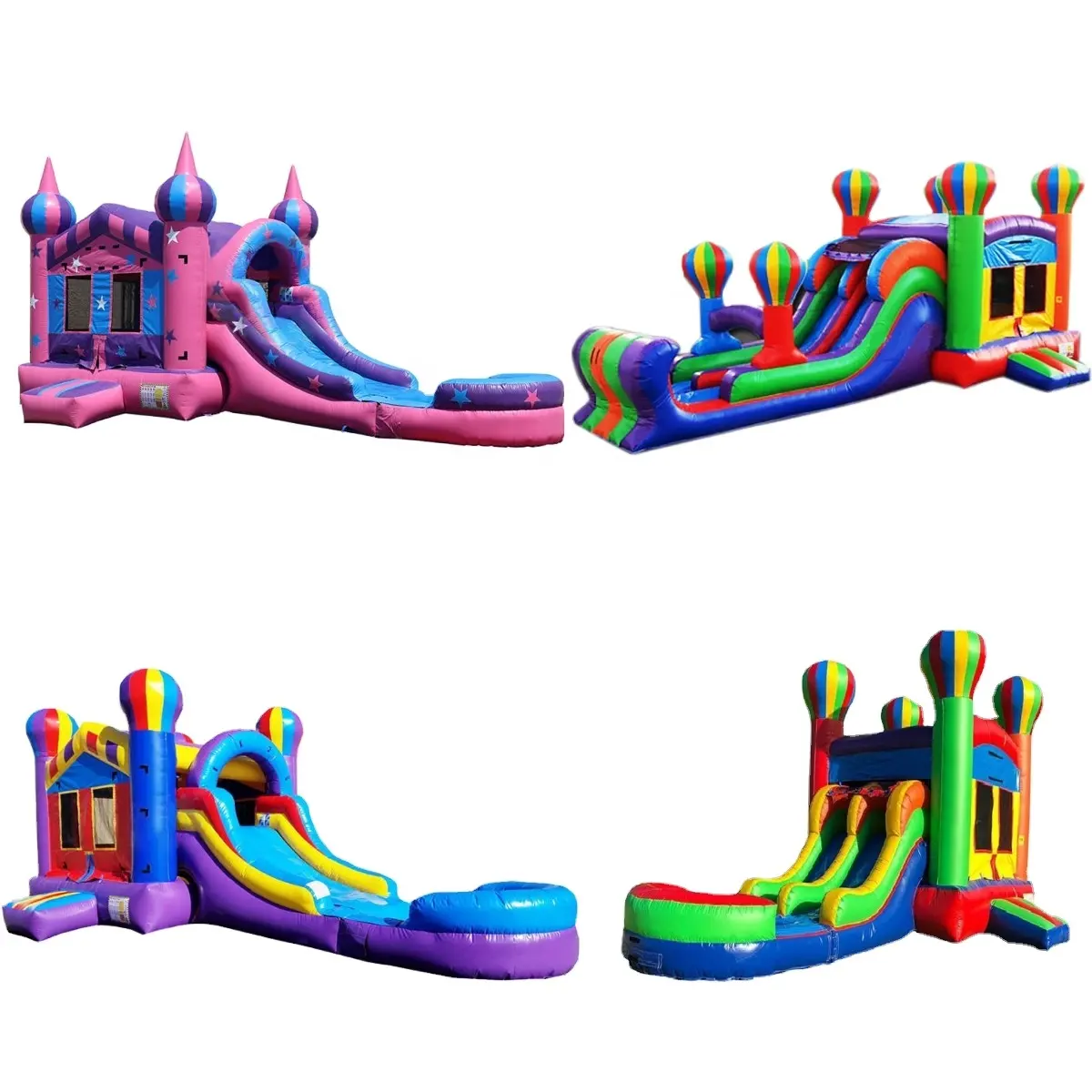Castelo inflável com combinação de balões saltitantes, castelo saltitante com escorregador e piscina, combinação de escorregador de água