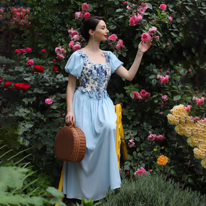 Elegante Vestido de Mujer <span class=keywords><strong>con</strong></span> Mangas Abullonadas, Estampado Floral Azul, Cuello Cuadrado, Cintura Natural, Tejido, Estilo Casual de Jardín - Product Image 1