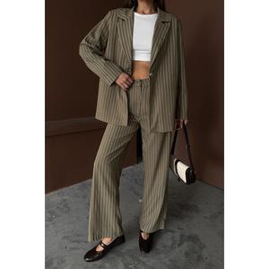 Ensemble veste et pantalon rayés kaki pour femmes, ensembles de costumes en gros - Product Image 2