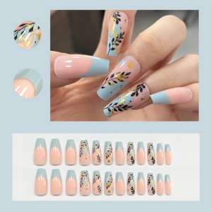 <span class=keywords><strong>Uñas</strong></span> postizas al por mayor, largas, estilo ataúd, con arte de hojas botánicas, lámina dorada, rosa nude, <span class=keywords><strong>uñas</strong></span> artificiales, logotipo personalizado, reutilizables - Product Image 2