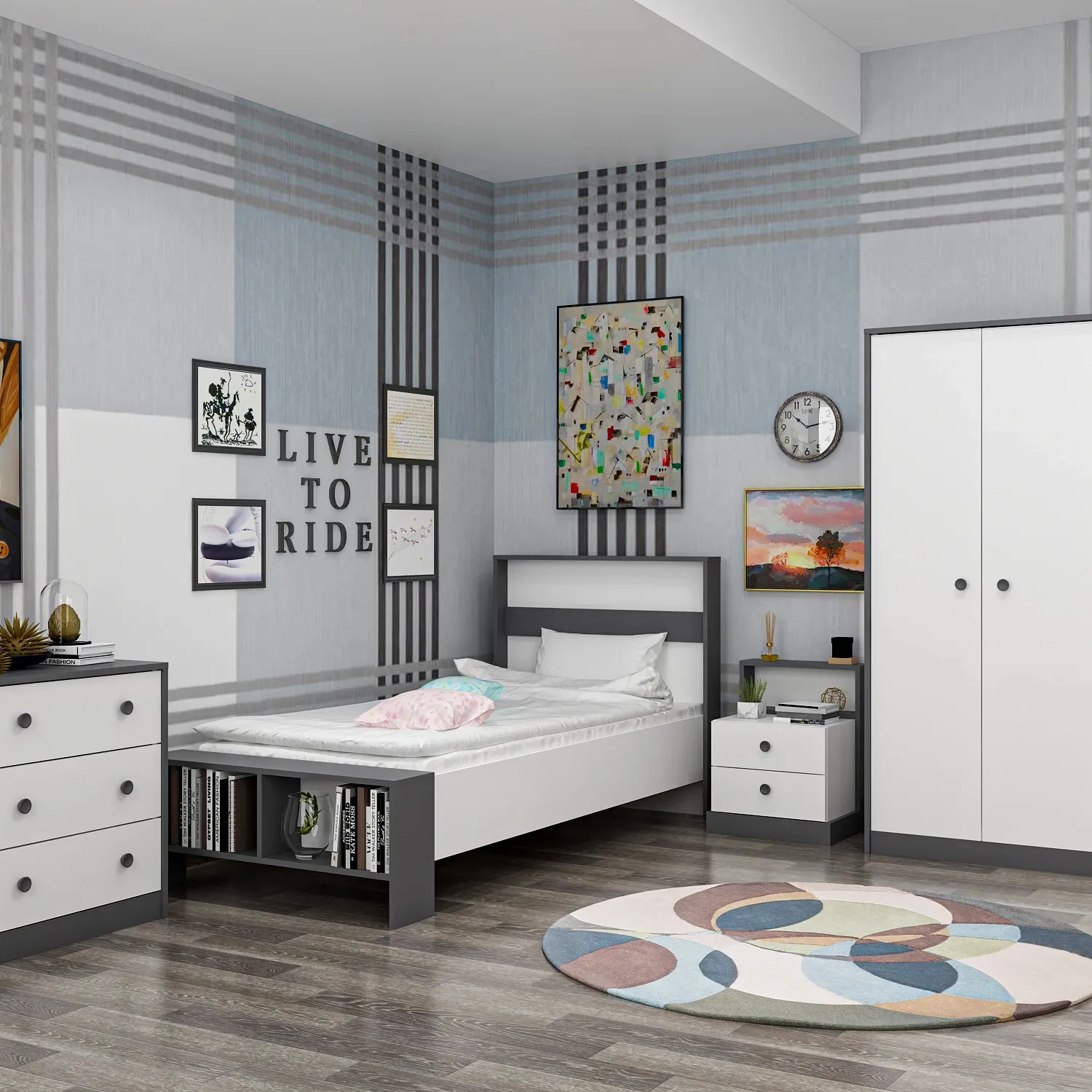 Modern Design LIFE Set White - Anthracite Brand New Wholesale Cabinet With Doors Wardrobe Luxury Style Young Room Home Furniture