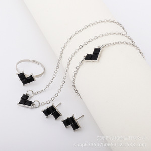 Geometric Jewelry <b>Set</b> 925 <b>Silver</b> Rhodium Plated Black Princess Cut Stones Minimalist Women's Everyday Wear <b>Necklace</b> Earrings - Product Image 1
