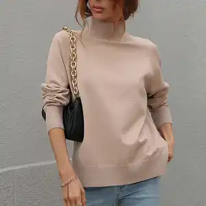 Soiling New design knitted pure color loose autumn long sleeve elegant daily wear turtleneck sweaters for women