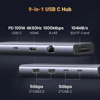 Revodok UGREEN Hub USB C 9 en 1, adaptateur Ethernet Gigabit, 4K 60Hz, 100W PD, station d'accueil de charge Type C, lecteur de cartes SD TF