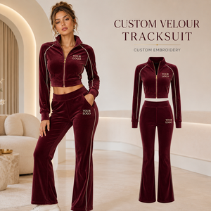 Ensemble de survêtement en velours brodé avec logo personnalisé pour femme, 2 pièces, veste courte zippée, pantalon évasé, vêtements de détente en velours doux - Product Image 1