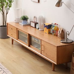 Ensemble de meuble TV et table basse en bois de cerisier massif de style nordique japonais, 2 pièces avec <span class=keywords><strong>portes</strong></span> coulissantes réglables pour salon - Product Image 2