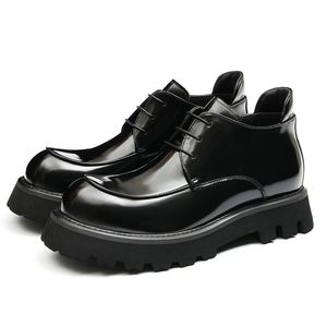 Chaussures décontractées pour hommes personnalisées, à lacets, taille 46, bout carré, en cuir noir, semelle épaisse, chaussures derby pour hommes - Product Image 2