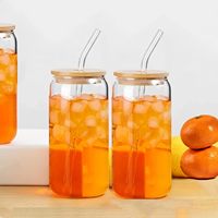 Tasses en verre de la meilleure qualité avec couvercles en bambou et paille 16OZ tasse à bière verres à boire tasses à café glacé, gobelet en verre pour cadeau Smoothie