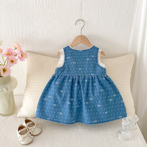 2025 Mùa Hè Mới Phong Cách Bé Gái Dresses Dot Hoa Đầy Đủ In Denim Váy Ren Ngọt Ngào Bow Vest Dây Đeo Ăn Mặc Cho Trẻ Em Nhỏ - Product Image 4