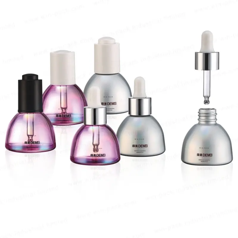 Flacon compte-gouttes en verre violet brillant pour soins de la peau cosmétique de 30ml