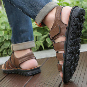 Sandales en cuir véritable à brides croisées, bout ouvert, semelle extérieure en caoutchouc antidérapante, chaussures décontractées d'été pour hommes - Product Image 4