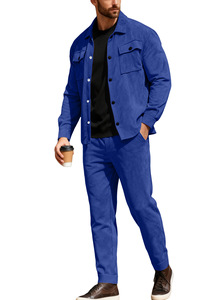 Conjunto de Camisa y Chaqueta de Terciopelo Azul Casual para Hombre, Transpirable, con Bolsillos, Cuello Clásico, Corte Regular, Cierre de un Solo Botón, para Otoño - Product Image 4