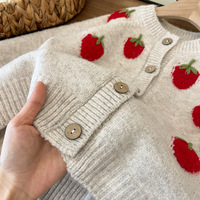 Cardigan en tricot doux et mignon pour filles, automne/hiver, avec motif fraise, cardigan en tricot pour filles