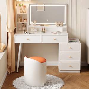 Ensemble de coiffeuse moderne avec miroir LED, table de maquillage blanche avec <span class=keywords><strong>armoire</strong></span> latérale et tabouret - Product Image 4