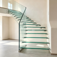 Escalier flottant moderne de luxe en bois massif avec marches en verre trempé et rampe courbe – Durable pour l'extérieur – Pour constructeurs et entrepreneurs professionnels
