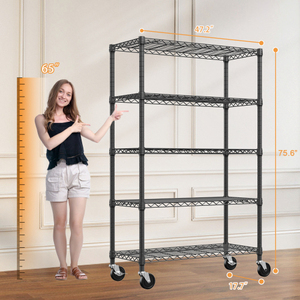 Étagère à 5 niveaux en fil métallique robuste, revêtement en poudre noire, acier au carbone, capacité de 350 lb par étagère, avec roulettes à frein - Product Image 5