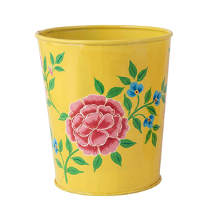 Pot de fleurs rond en métal jaune à motif floral, jardinière en métal pour la décoration de la maison et du jardin - Product Image 3
