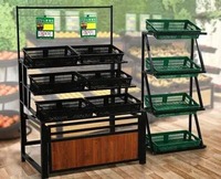 Équipement de supermarché pour fruits et légumes, bon prix, gondole de magasin, étagère à 3 niveaux avec panier, table de présentation d'aliments frais