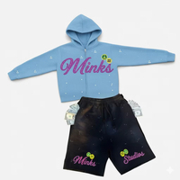 Hoodie court zippé pour femme, motif imprimé vieilli, coupe oversize, ensemble short de survêtement en coton, streetwear de haute qualité