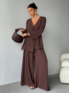 Completo Due Pezzi Casual Retrò da Donna, 100% Poliestere, Scollo a V, Vestibilità Ampia, per Uso Quotidiano, Primavera Autunno, Traspirante e ad Asciugatura Rapida - Product Image 5