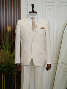 Costume de mariage 3 pièces pour <span class=keywords><strong>homme</strong></span>, coupe ajustée, couleur ivoire, grande taille, avec col à revers, idéal pour les fêtes et les mariages, sur mesure, MS9978 - Product Image 5