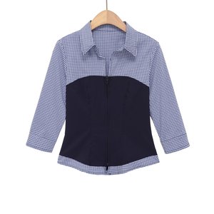 Blusa Casual de Mujer con Botones, Estampado a Cuadros Vintage, Transpirable, Media Manga, Cierre Frontal con Cremallera, Contraste de Color, Ajuste Regular, Tejido de Primavera - Product Image 1