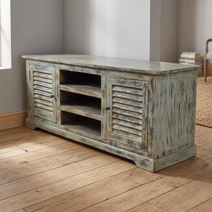 Meuble console rustique en bois avec portes à volets et étagères ouvertes pour le rangement du salon, armoire de classement - Product Image 2