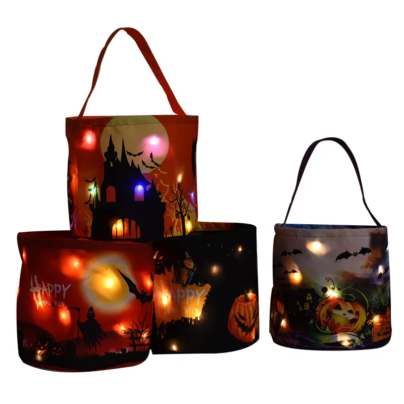 Bolso de mano para decoración de fiestas, bolsa de regalo para dulces, con luz Led personalizada, cesta de Halloween, Cubo de calabaza, novedad