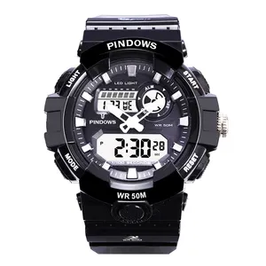 Pindows发光二极管灯手数字防水手表电子双显示运动豪华潜水员数字手表带塑料带