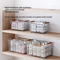 Panier de rangement de cuisine en acier inoxydable 304, empilable, en maille, avec poignée en bois, vente en gros, directement de l'usine