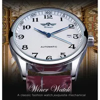 Winner Montre Automatique Mécanique Homme Luxe Design Rétro Classique Calendrier Bracelet Marron Aiguilles Bleues Marque Supérieure