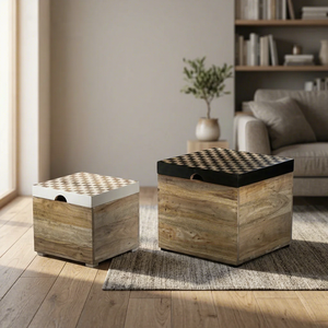 Ensemble de 2 boîtes de rangement en bois artisanal, en bois de manguier texturé, avec couvercles et poignées noires, pour la décoration de la maison - Product Image 2