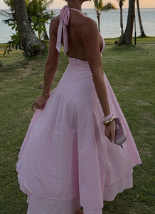 Elegante Vestido Maxi Rosa Halter con Corte A, Cintura Imperio, de Gasa sin Mangas, Color Sólido, Transpirable, para Fiesta de Verano - Product Image 3