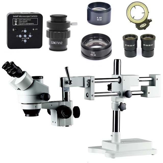 3.5X-90X Trinocular Stereo Microscope Kit 34MP Microscope Camera With Barlow Dual Boom Stand PCB Repaired Zoom Microscope