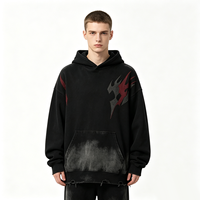 Sweat à capuche oversize vintage effet usé, broderie tribale épine, délavé et effiloché, style streetwear