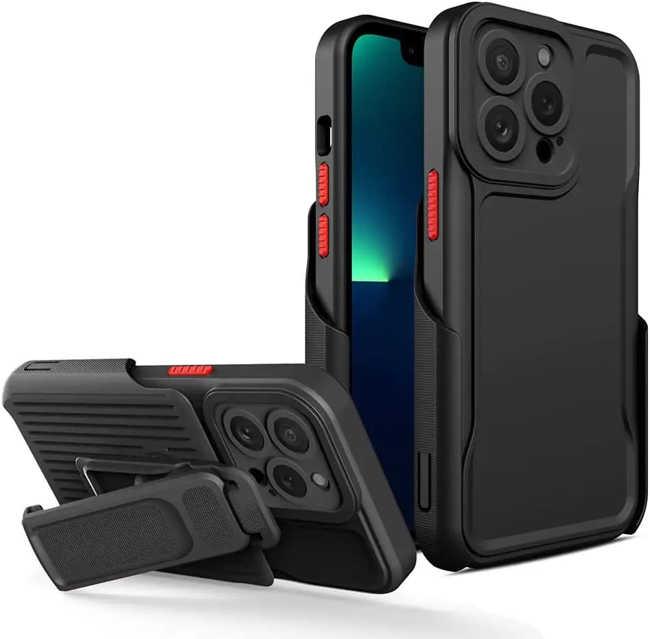 Premium Rugged Protective Matte Anti-Scratch Hard Back Case for iPhone 13/14 Pro Max with Combo Pocket Holster Cover Kickstand