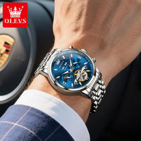 Montre automatique mécanique pour homme OLEVS 6740, montre-bracelet de luxe, cadran squelette, étanche, logo personnalisé, montre-bracelet dorée et bleue pour homme