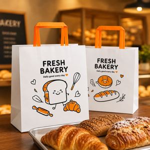 Bolsas de Papel para Panadería Impresas Personalizadas al por Mayor con Asas Planas, Bolsas Reciclables para Empacar Pan, Pasteles y Comida para Llevar - Product Image 2