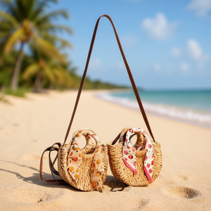 Borsa a tracolla piccola semicircolare in carta intrecciata con motivo a frutta 26x23x6cm - Product Image 2