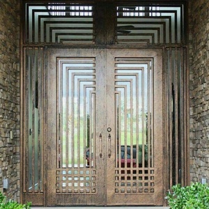 Porte extérieure en <span class=keywords><strong>fer</strong></span> <span class=keywords><strong>forgé</strong></span> noir antique à double battant, avec motif floral décoratif, à rupture de pont thermique, en vente - Product Image 2
