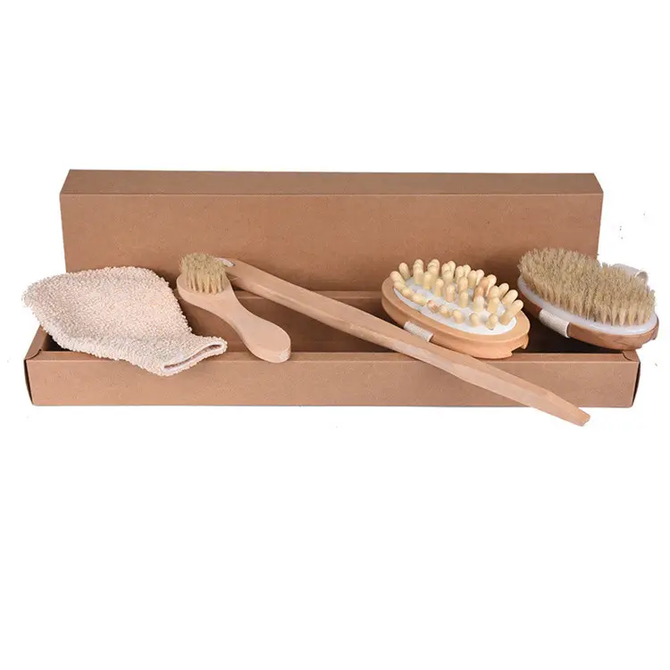 4 In 1 Bath Brush Wood Handle Reach Back Body Shower Natural Bristle Scrubber Spa Bathroom for Dry Brushing and Shower