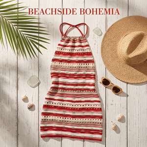 Produttori OEM di Abbigliamento: Vestito Maglione da Donna Lavorato a Maglia a Righe Senza Maniche, Aderente, Sottile, Minimalista, Estivo, Mini a Trapezio - Product Image 1