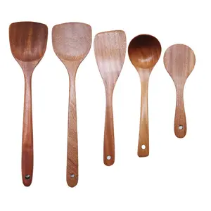 Eboni set sendok spatula kayu, perlengkapan dapur kayu khusus gagang panjang