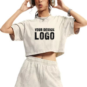 Summer Casual 305G Solid Color Yoga Sport Crop <b>Women's</b> Top Fashion Casual Street Mud Dyed Short <b>Loose</b> Sport Lady T <b>Shirts</b> - Product Image 2