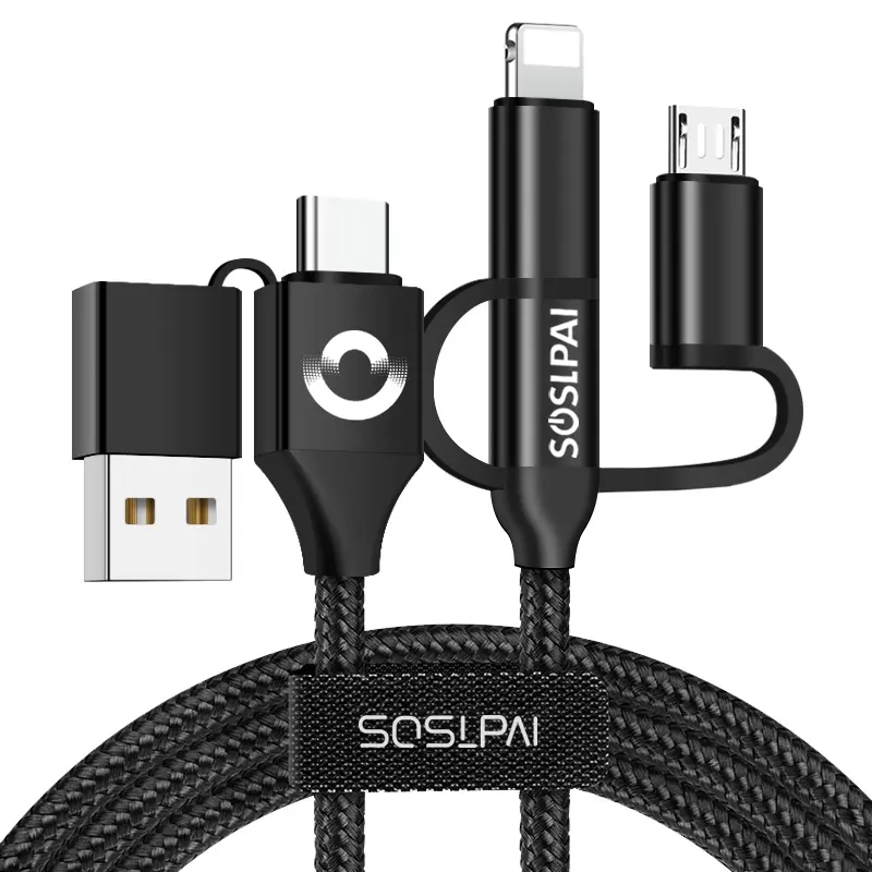New 5 in 1 usb cable nylon braided 5 in 1 charging mobile phone cable portable black 1.5m 3 in 1 usb cable