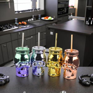 16oz Custom Skull Shape <strong>Plastic</strong> <strong>Mason</strong> <strong>Jars</strong> BPA Free Lid Straw Type Novelty Drinking <strong>Tumbler</strong> Party Electroplating Added Reusable - Product Image 1