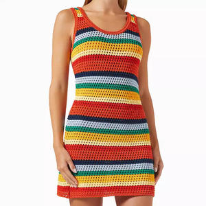 فستان نسائي مثير بخصر عالٍ، فستان محبوك ضيق مجوف بألوان مخططة زاهية، وياقة على شكل U، بدون أكمام - Product Image 5