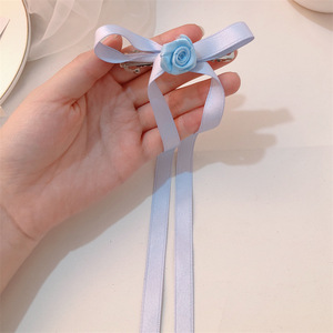 Hiasan kepala mewah pita bunga mawar busur klip rambut untuk anak gaya elegan pita ekor panjang jepit rambut - Product Image 6